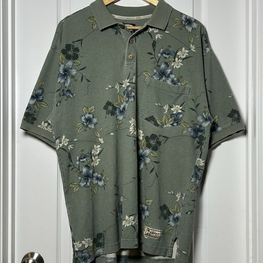 Tommy Bahama Vintage 100% Cotton Sage‎ Green Hibiscus Floral Polo Shirt